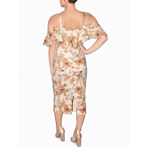 NWT Rachel Roy Nude Floral Printed Midi Dress Bodycon Cold Shoulder Sheath Dress - Picture 2 of 9
